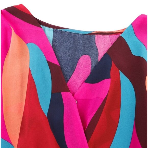 Red and Pink Print Belted Puff Sleeve Mini Dress - Picture 6 of 8